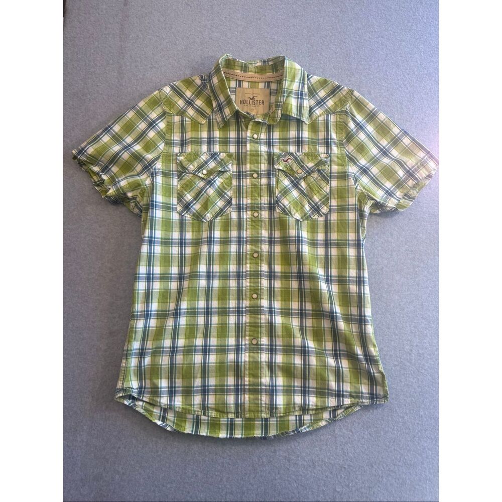 Hollister Co. green plaid short-sleeve shirt pearl snaps XL